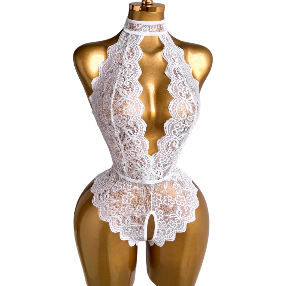 Lace Teddy Lingerie - Lingerie blanche pour femme, style teddy,